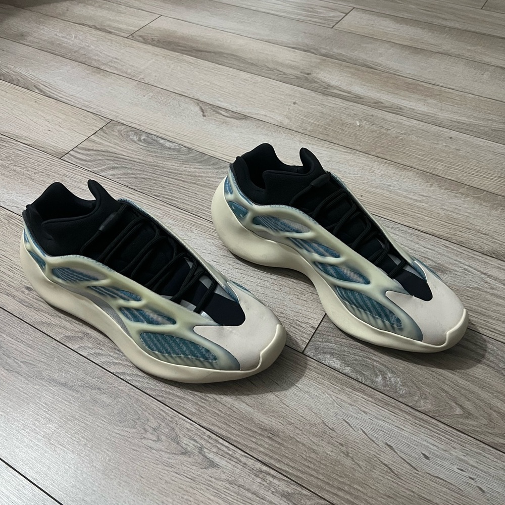 Yeezy Cream and Blue Sneakers